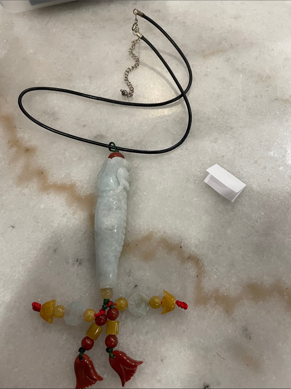 Carved Jade Pendant Necklace with Red and Yellow Bead Accents
